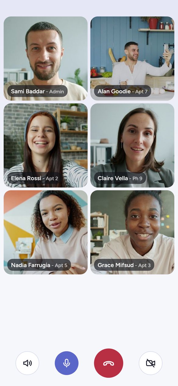 The Clearcommon app: a video meeting of the association, each person named with their apartment